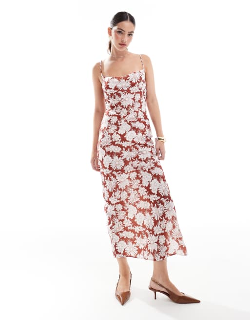 Narrated Cowl-neck strappy midi-dress in brown resot floral