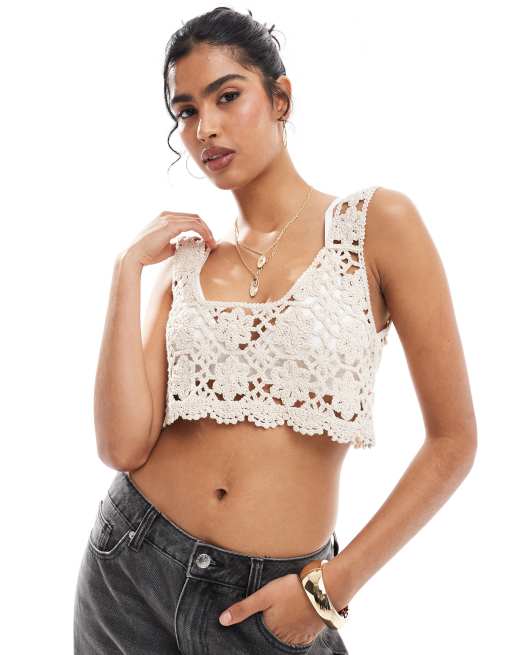 Narrated Crochet cropped vest top in stone