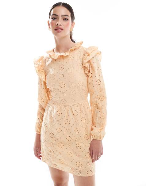 Narrated Crochet puff shoulder mini dress in apricot cream - view 1