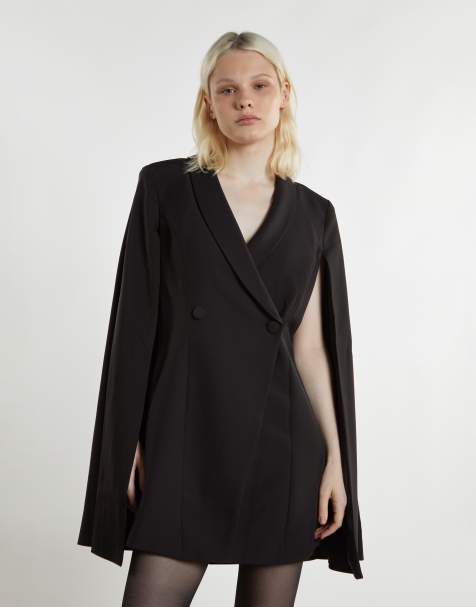 Narrated Double breasted blazer dress with cape in black