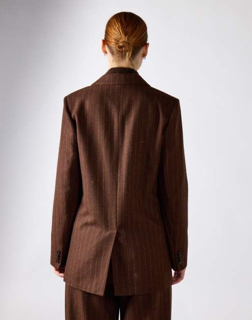 Narrated Double-breasted pinstripe blazer in brown stripe, 2 of 4