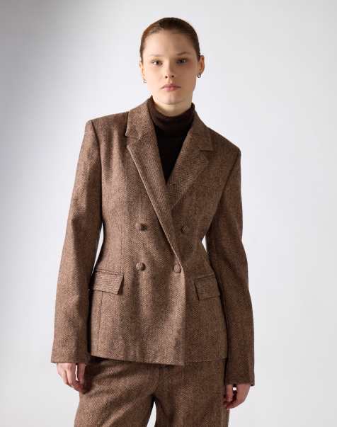 Narrated Double-breasted tweed blazer in brown herringbone - view 1