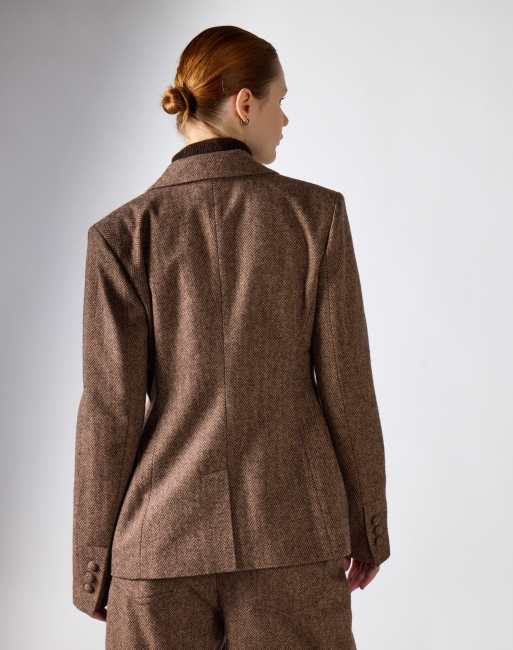 Narrated Double-breasted tweed blazer in brown herringbone, 2 of 4