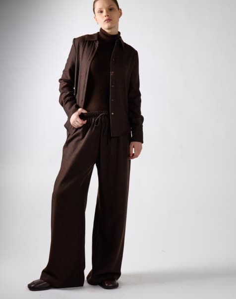 Narrated Drawstring wide leg pants in dark brown
