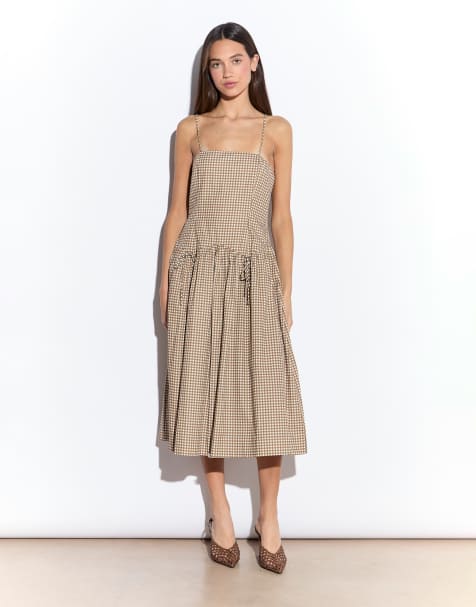 Narrated Dropped waist cami midi dress in taupe gingham - view 1