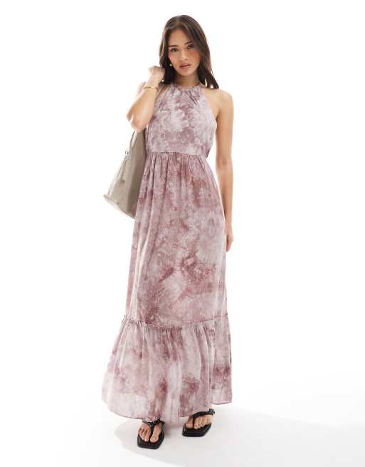 Narrated Halterneck maxi dress in brown tie dye