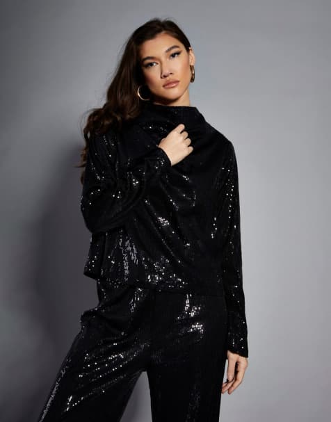 Narrated High neck ling sleeve blouse in black sequin