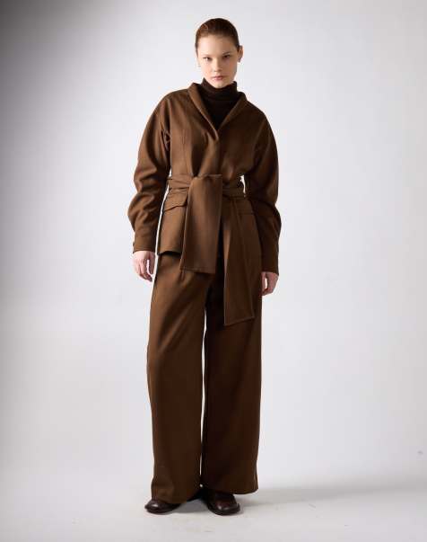 Narrated High waist wide leg trousers in khaki brown