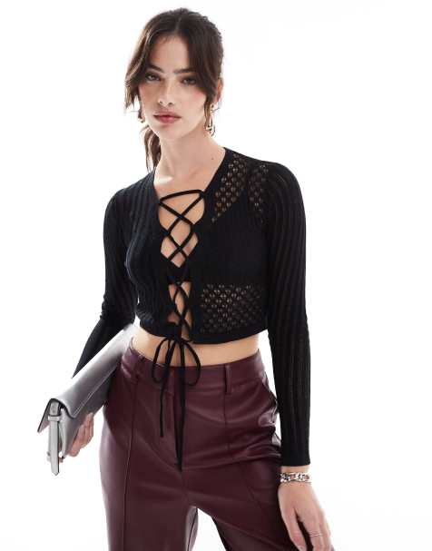 Narrated Lace up mixed knit crop top in black - view 1