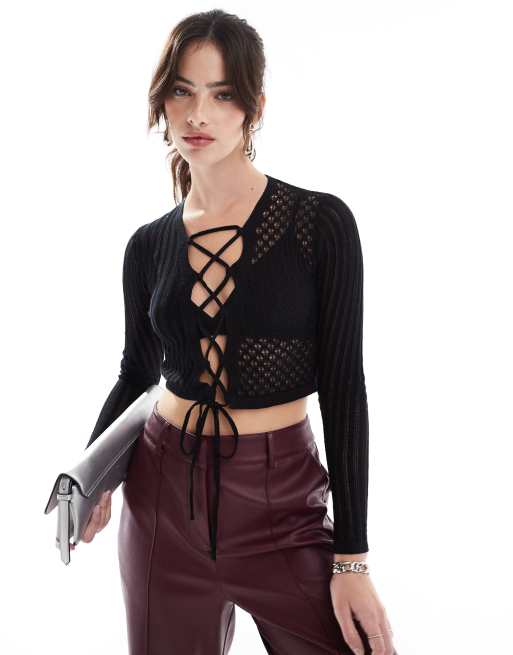 Narrated Lace up mixed knit crop top in black
