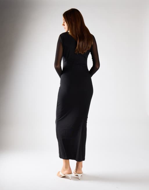 Narrated Long sleeve bodycon maxi dress in black mesh, 2 of 4
