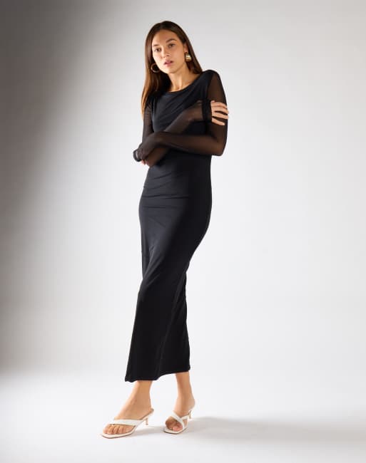 Narrated Long sleeve bodycon maxi dress in black mesh, 3 of 4