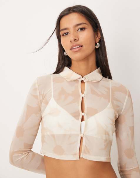 Narrated Long sleeve crop top in stone sunflower mesh