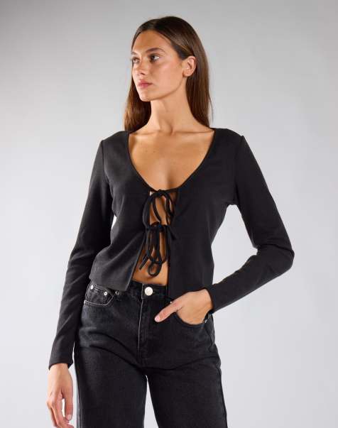 Narrated Long sleeve tie front top in black - view 1