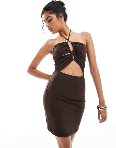 Narrated Open back detail mini dress in brown - view 1