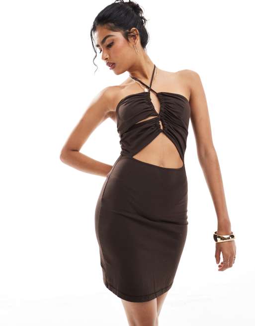 Narrated Open back detail mini dress in brown