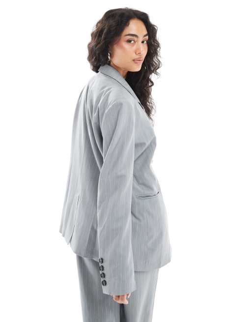 Narrated Oversized blazer in grey pinstripe, 4 of 4