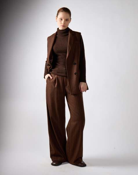 Narrated Pinstripe wide leg pants in brown stripe - view 1