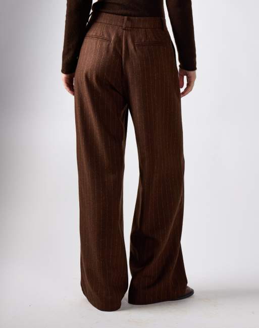 Narrated Pinstripe wide leg pants in brown stripe, 2 of 4