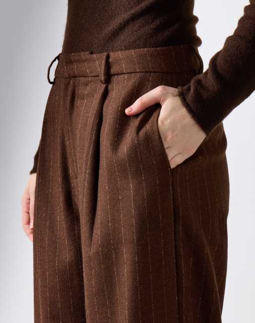 Narrated Pinstripe wide leg pants in brown stripe, 3 of 4