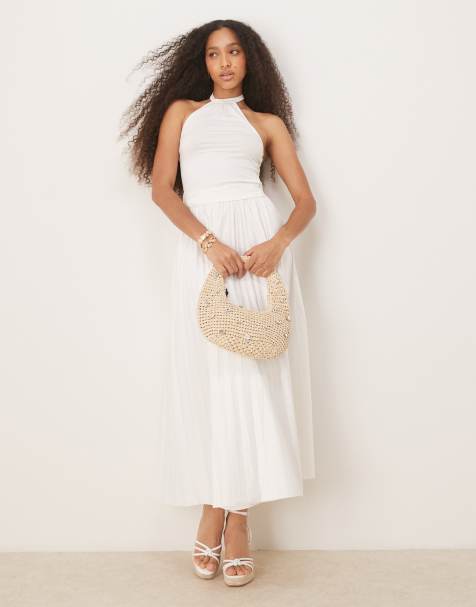 Narrated Pleated midi skirt in white cotton