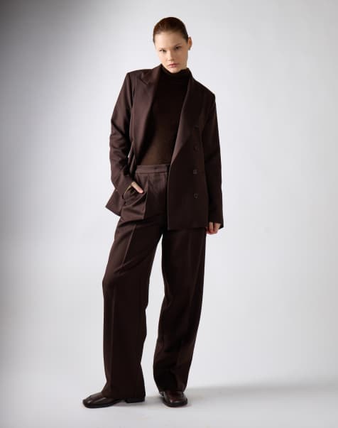 Narrated Pleated straight leg pants in deepest brown - view 1
