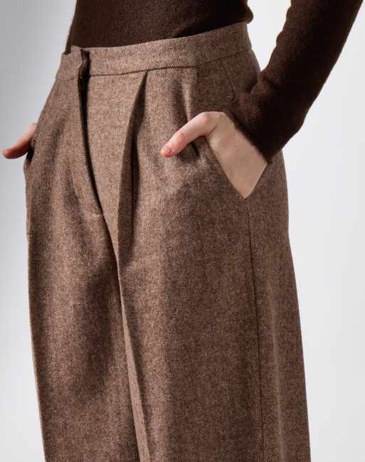 Narrated Pleated wide leg pants in brown marl, 3 of 4