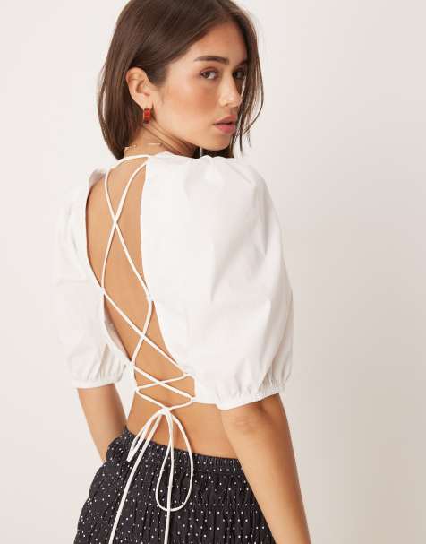 Narrated Puff sleeve open back crop top in white