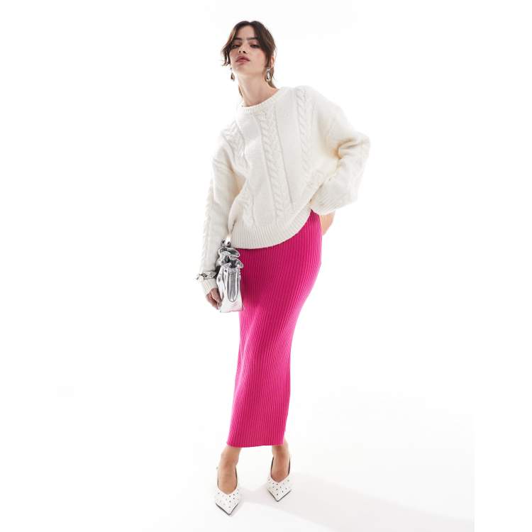 Narrated Rib knit midi skirt in pink ASOS