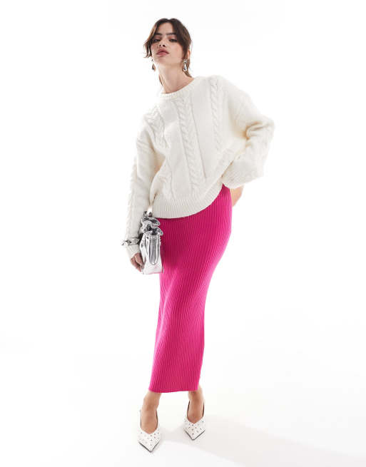 Narrated Rib knit midi skirt in pink