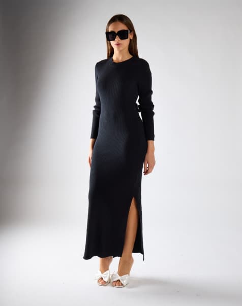 Narrated Ribbed knit maxi dress in black - view 1