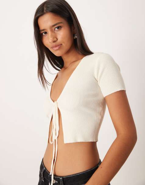 Narrated Ribbed tie-front crop top in vanilla