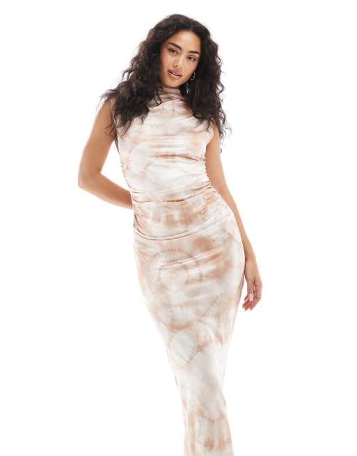 Narrated Ruched bodycon maxi dress in sepia tie dye | ASOS