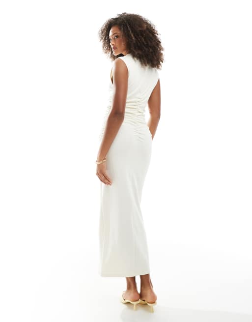 Narrated Ruched bodycon maxi dress in vanilla, 3 of 4