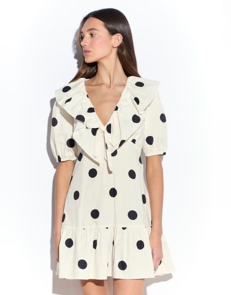 Narrated Ruffle mini dress with puff sleeves in cream spot