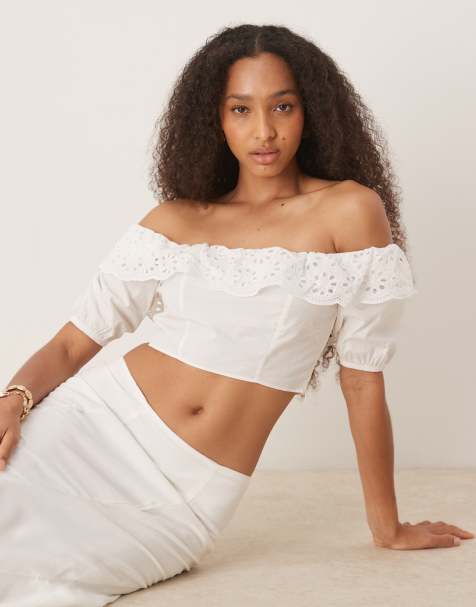 Narrated Ruffle neck crop top in off white - view 1