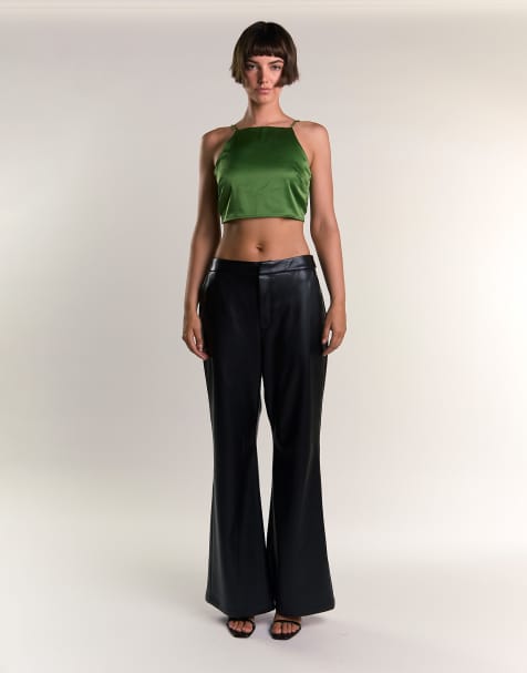 Narrated Satin back tie crop top in dark green satin