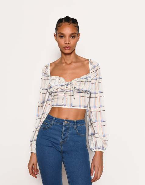 Narrated Scoop neck long sleeves tops in cream green check - view 1