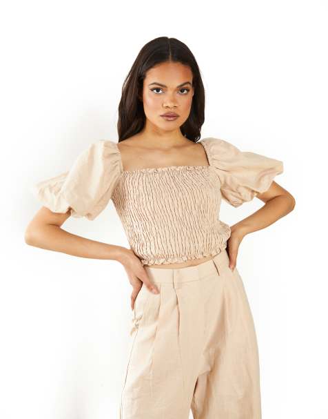 Narrated Shirred crop top in light stone