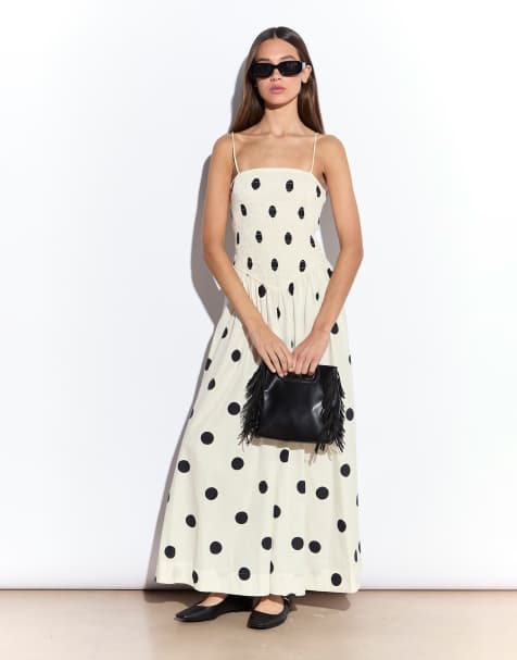 Narrated Shirred dropped waist midi dress in cream spot - view 1