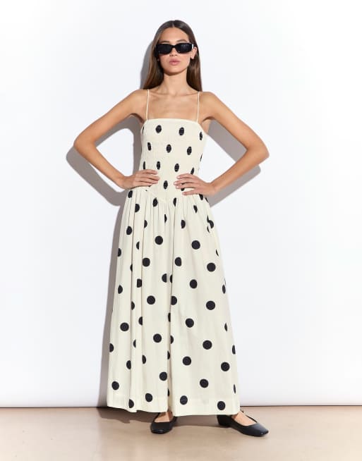 Narrated Shirred dropped waist midi dress in cream spot, 3 of 4