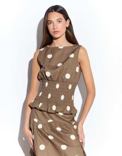 Narrated Shirred sleeveless top in taupe white spot - view 1