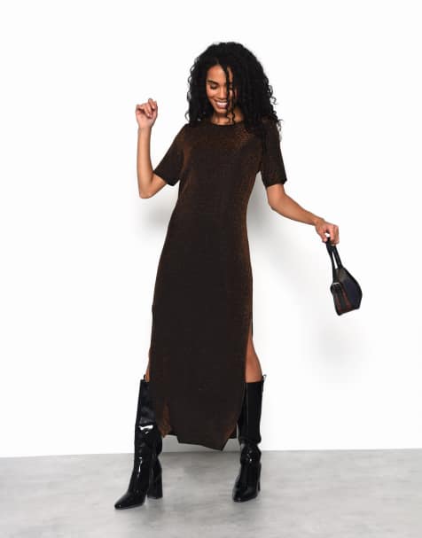 Narrated Short sleeve maxi dress with side split in black bronze - view 1