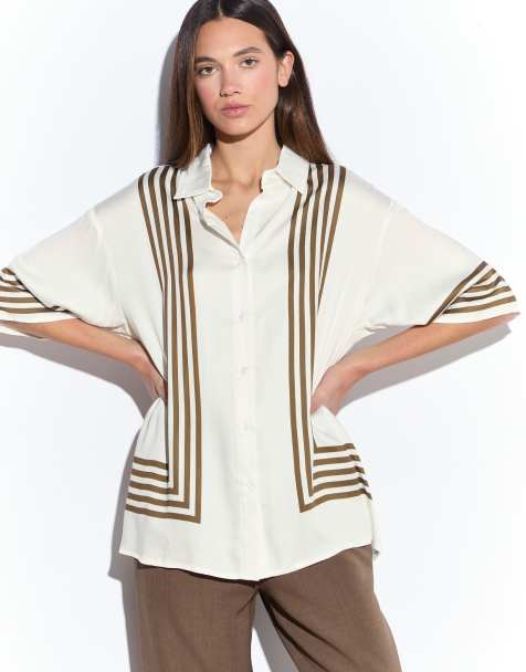 Narrated Short sleeve shirt in cream olive stripe - view 1
