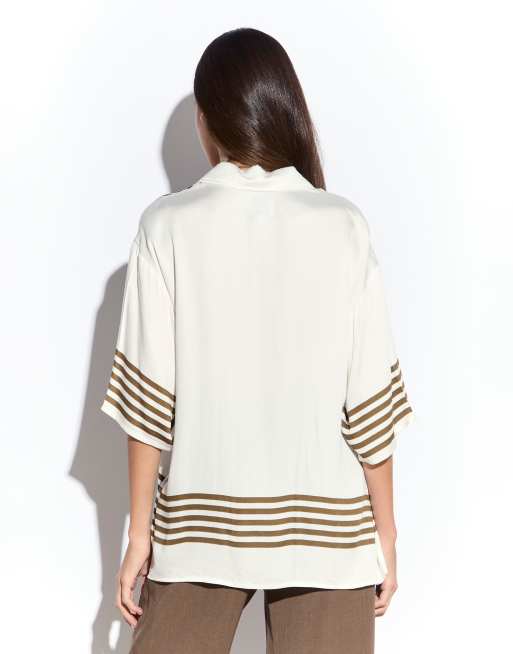 Narrated Short sleeve shirt in cream olive stripe, 4 of 4