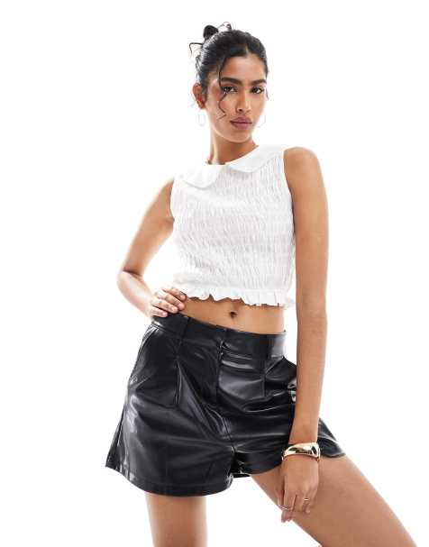 Narrated Smocked collar crop-top in off white - view 1