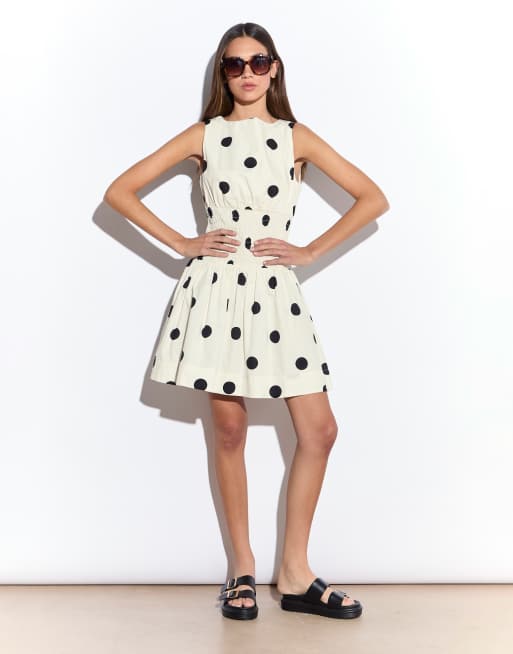 Narrated Smocked waist mini dress in cream spot, 3 of 4