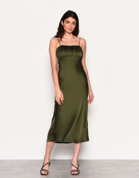 Narrated Spaghetti strap midi dress in forest green satin - view 1