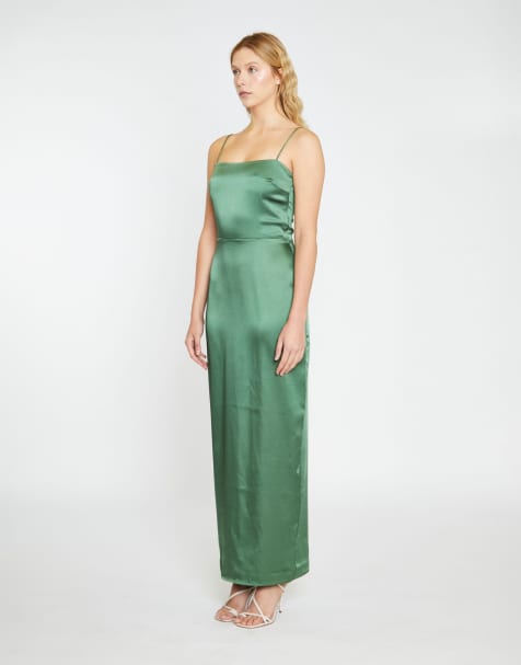 Narrated Spaghetti strap midi dress in forest green satin - view 1