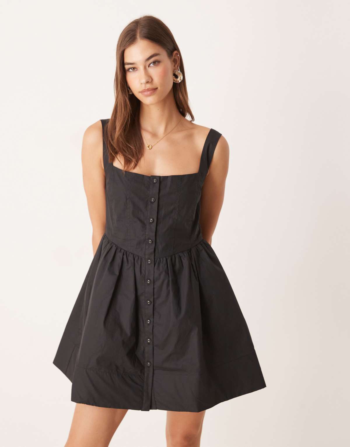 Narrated Square neck corset mini dress in black